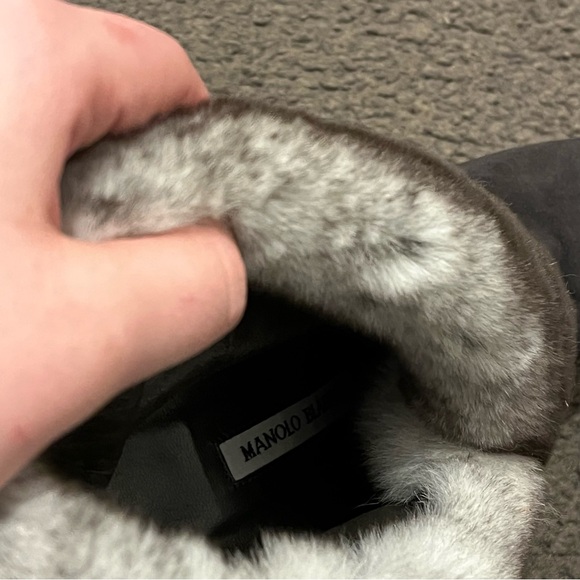 Manolo Blahnik Nestanu Suede Chinchilla Fur Heeled Booties - Picture 10 of 10